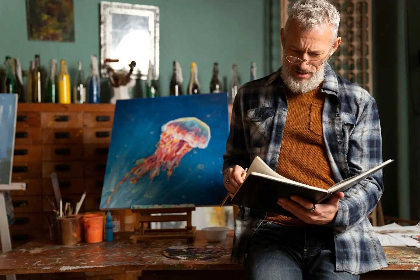 Önden görünümde çizim defteri olan bir adam.