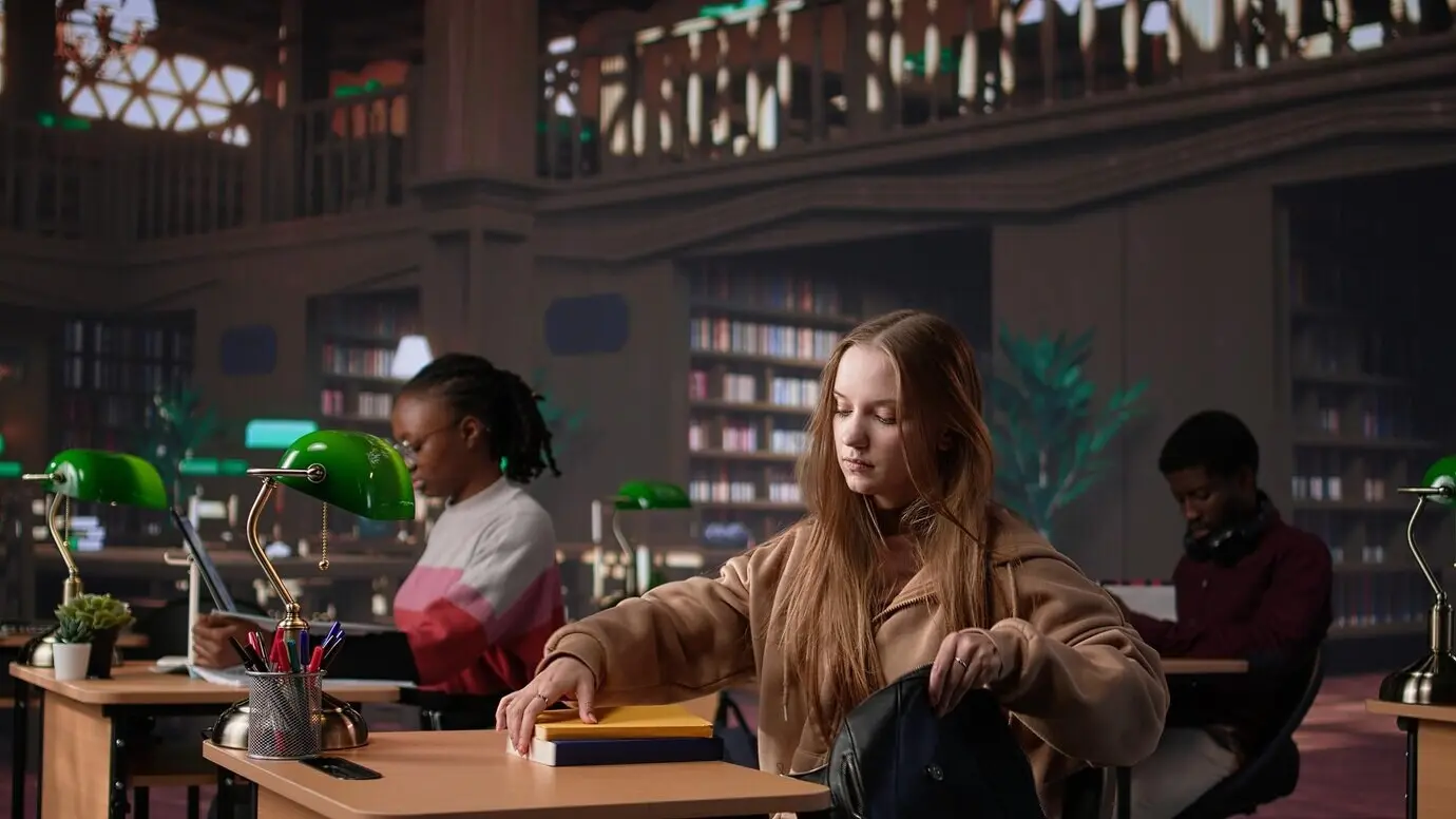 Kadın bir üniversite öğrencisi, yeni bir ders için ayrıntılı notlar okur ve yazar.